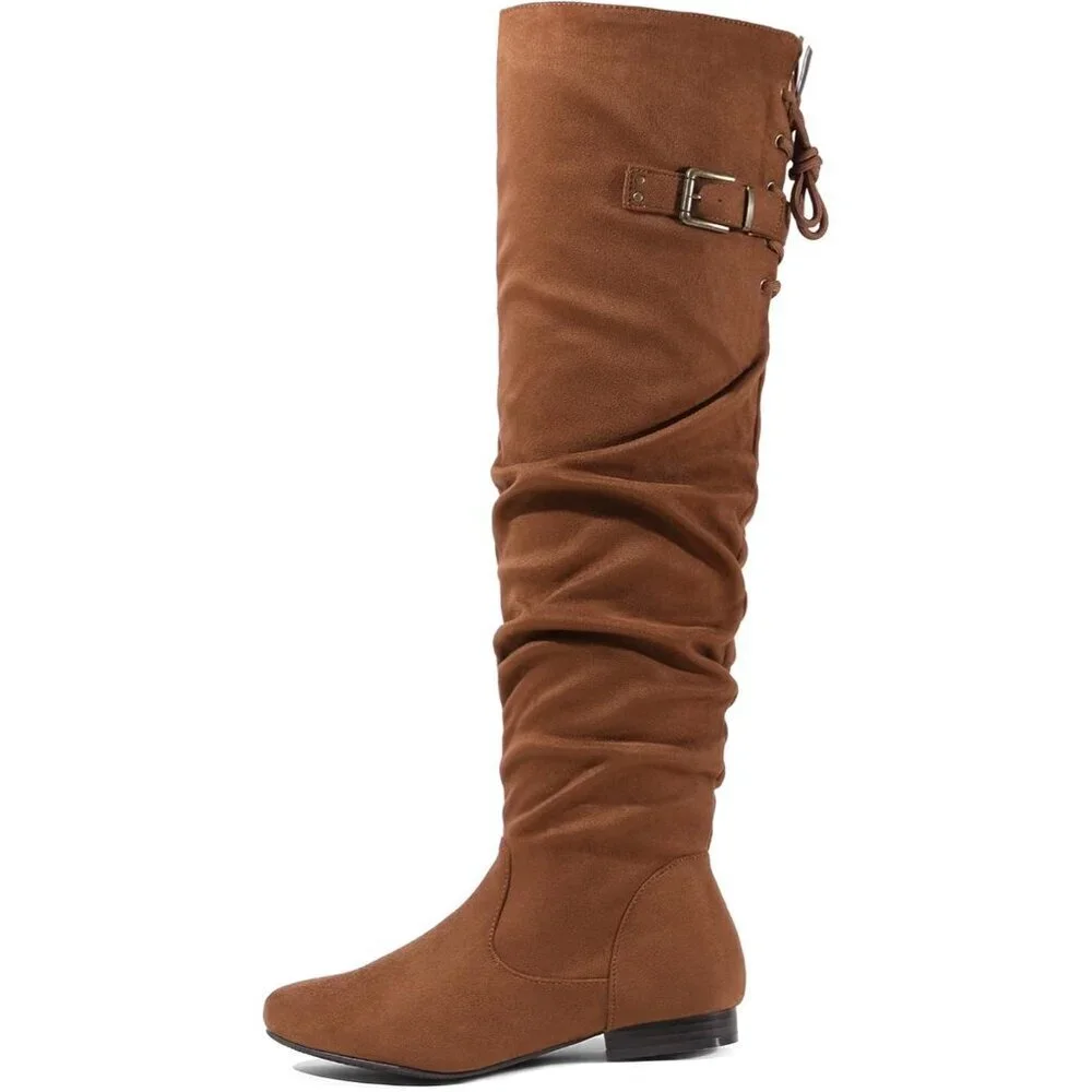 Women's Tan Suede Over The Knee Thigh High Winter Low Heel Western Long Boots
